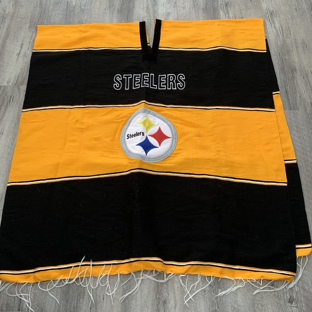 Pittsburgh Steelers NFL Poncho Pullover Embroidered One Size Black / Gold Fringe